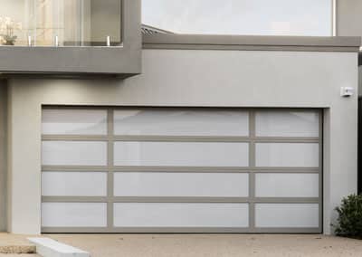 white garage door with geometric paneling