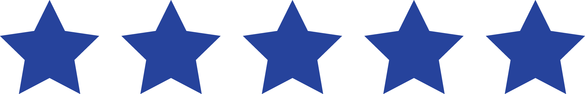 Five blue stars are lined up in a row on a white background.