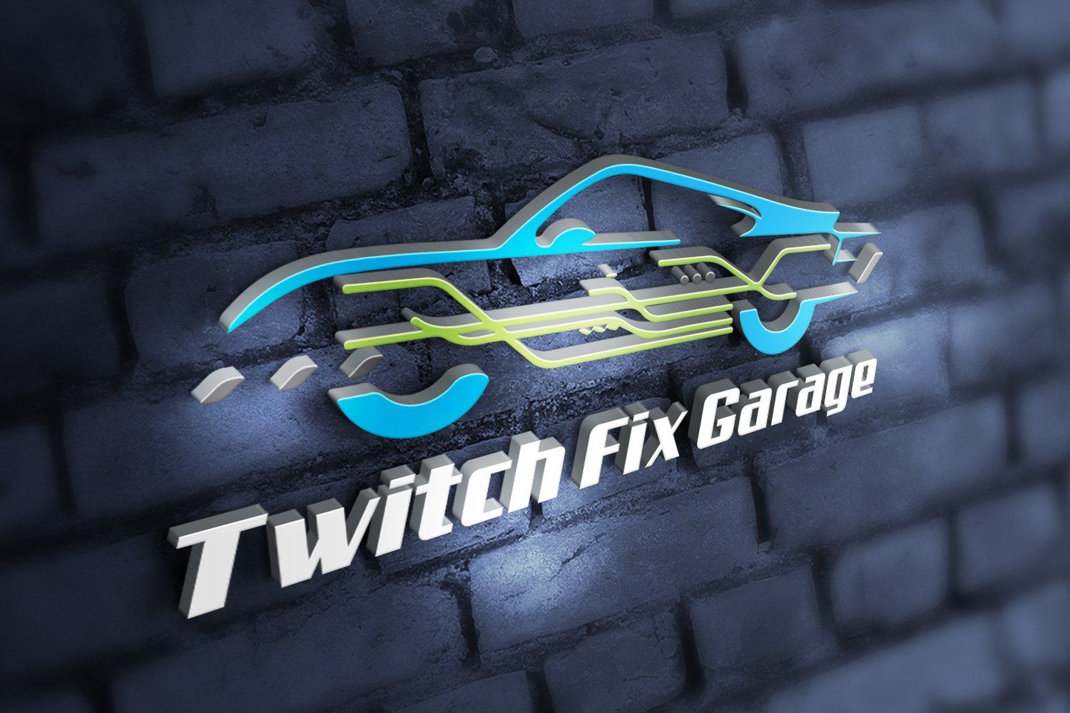 A 3D logo for Twitch Fix Garage featuring a stylized blue car outline with green mechanical details on a dark brick wall.