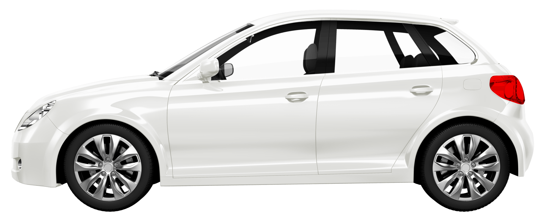 A white five-door hatchback car seen from the side, isolated on a white background.