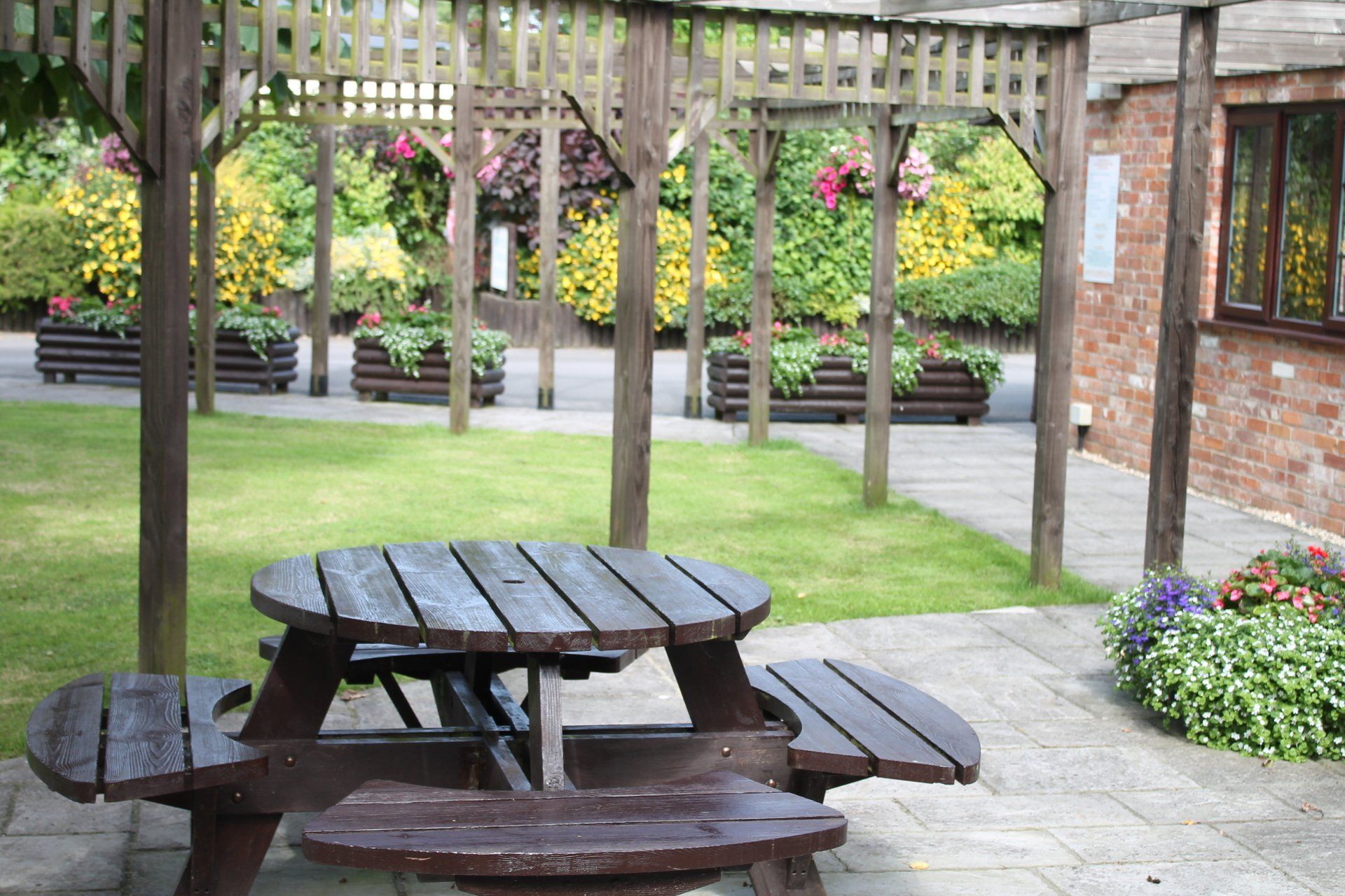 Eating area outside the holiday cottages near Burnham-on-Sea.
