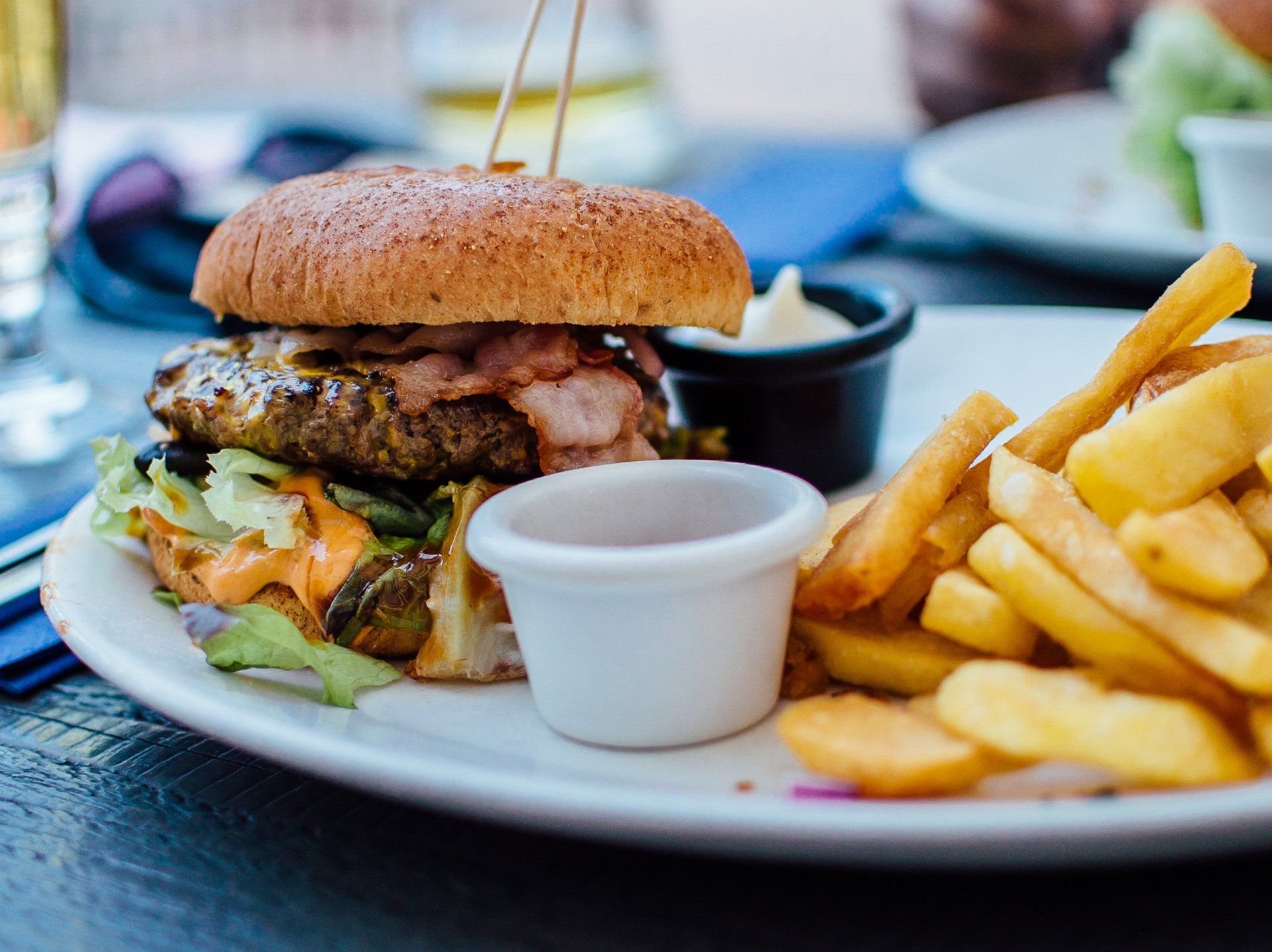 Burger and chips served at Riverside holiday park.