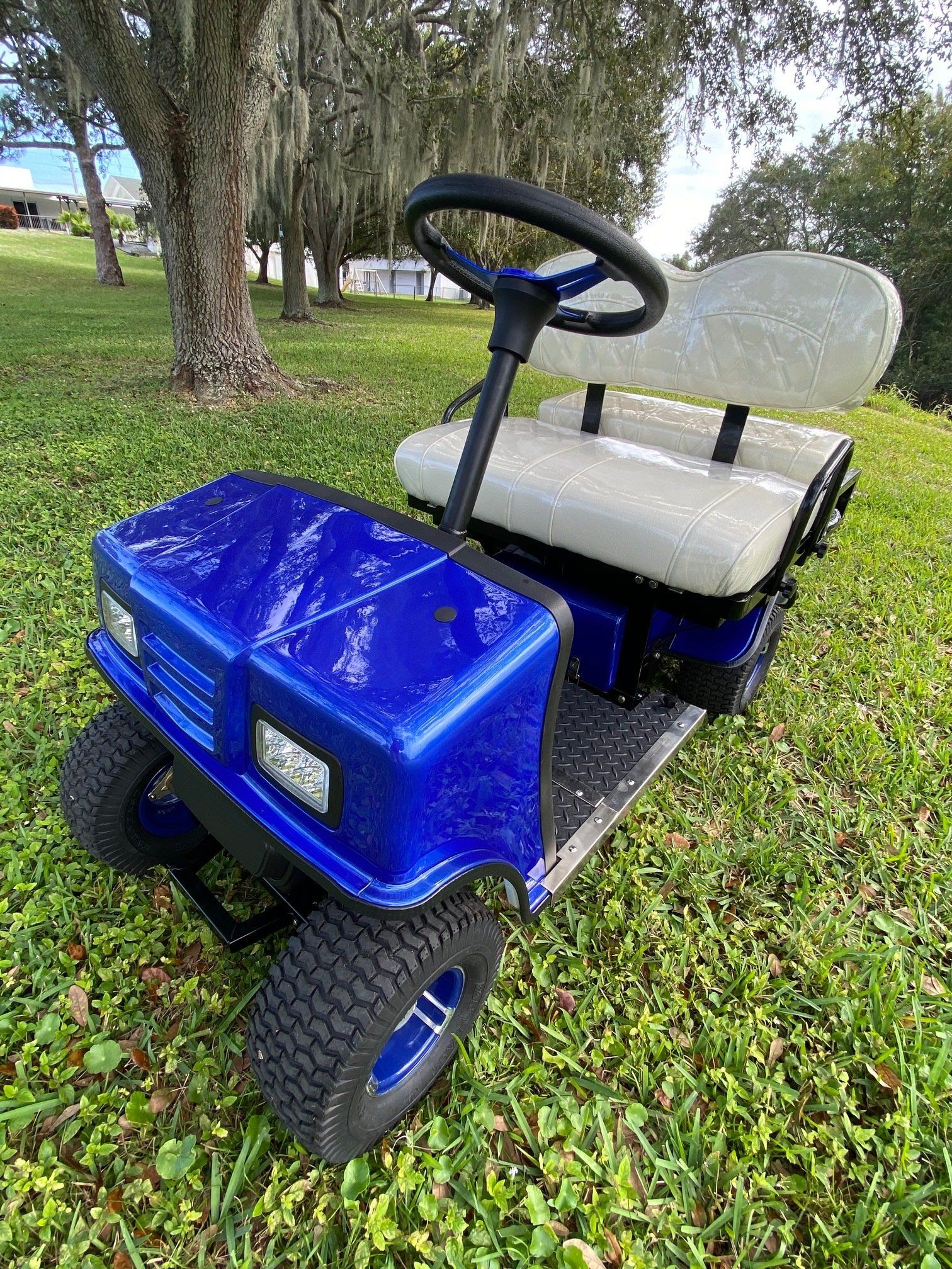 A blue golf cart is parked in the grass next to a tree.