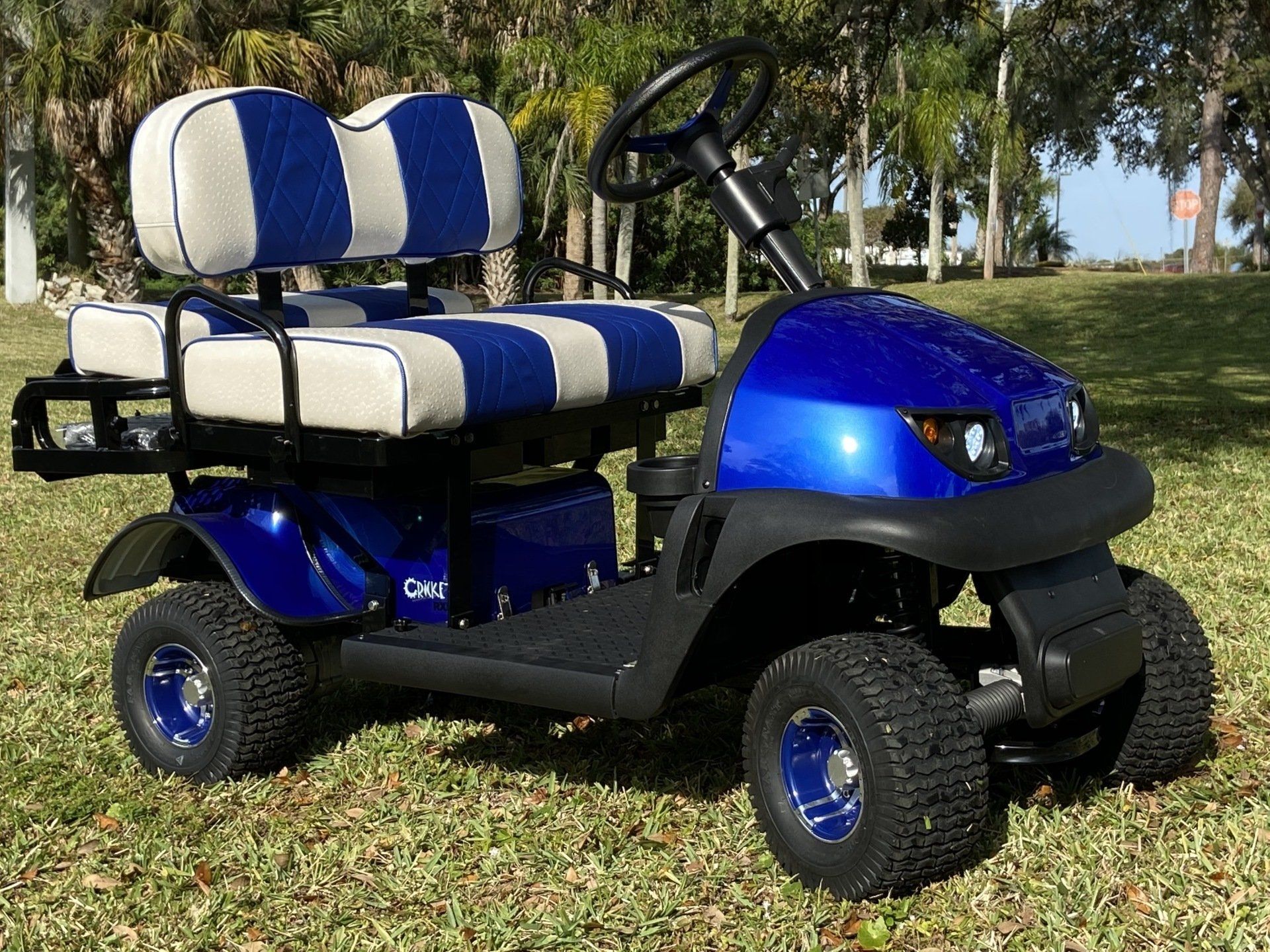 A blue and white golf cart is parked in the grass