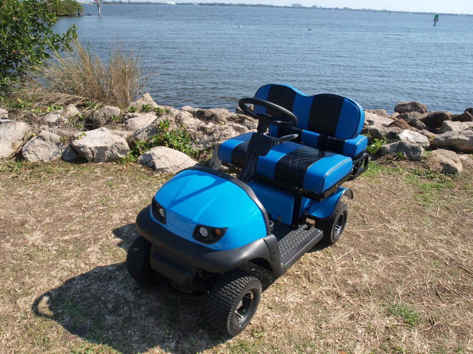 A blue golf cart is parked in front of a body of water