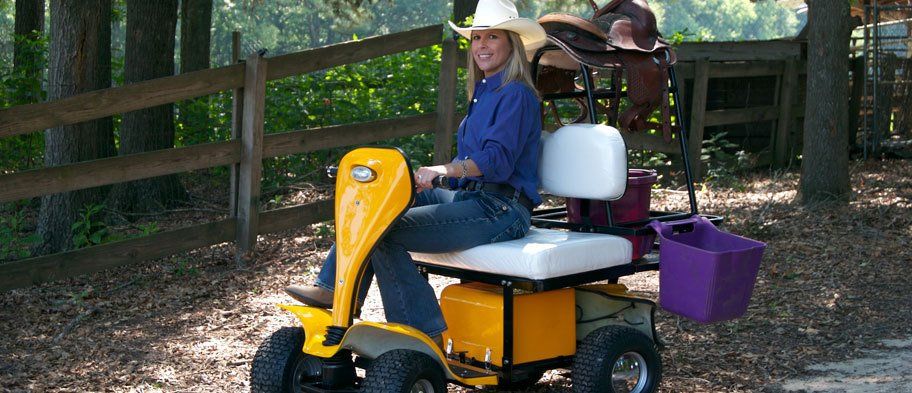 A woman is sitting on a yellow scooter next to a horse.