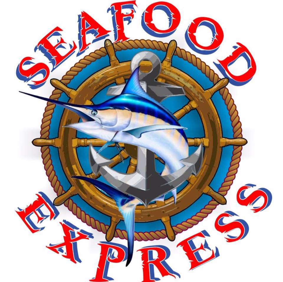 A seafood express logo with a sailfish and anchor