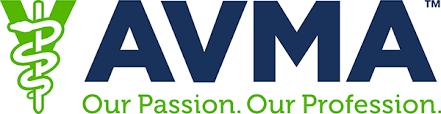 Logo for American Veterinary Medical Association (AVMA). Blue text, green caduceus.