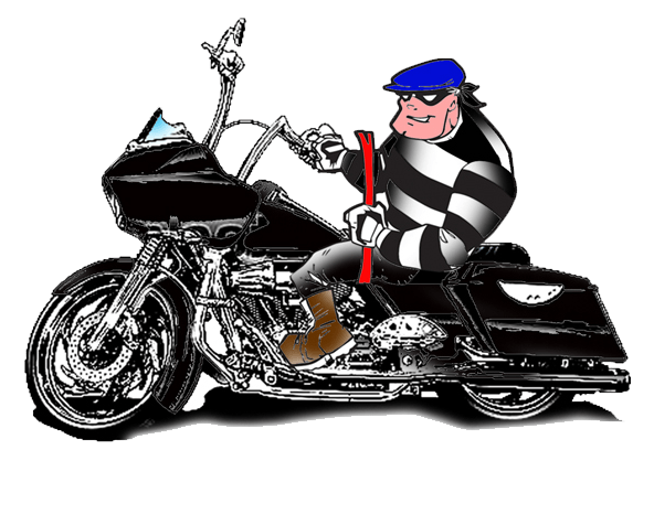 Cartoon thief in black and white striped suit and blue hat riding a black motorcycle, holding a red crowbar.