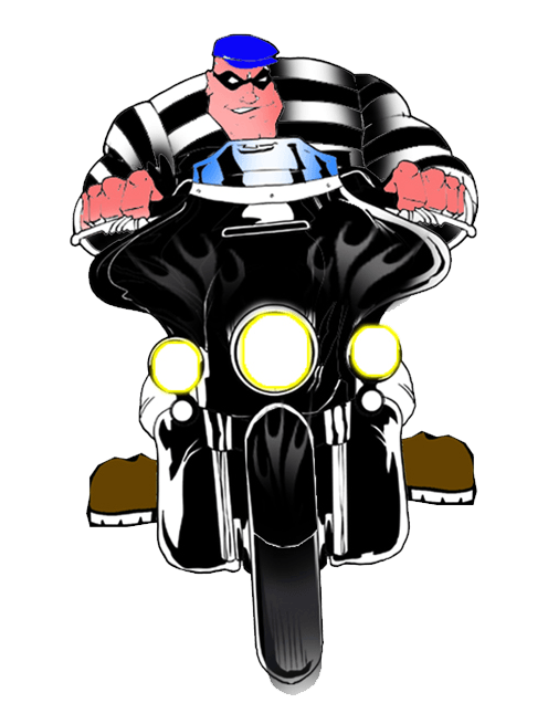 A cartoon burglar in a striped jumpsuit and blue cap rides a large black motorcycle, looking determined.