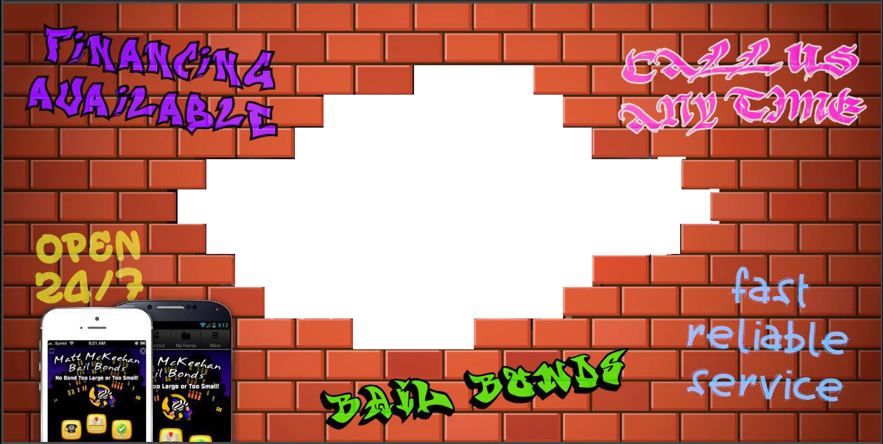 A brick wall with a hole in the center, graffiti text including 