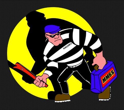 Cartoon burglar in a black and white striped shirt and blue cap holding a briefcase and a crowbar