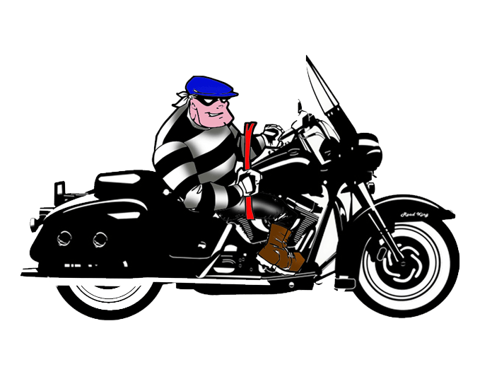 Burglar riding a black motorcycle, holding a crowbar; wearing a striped shirt and blue hat.