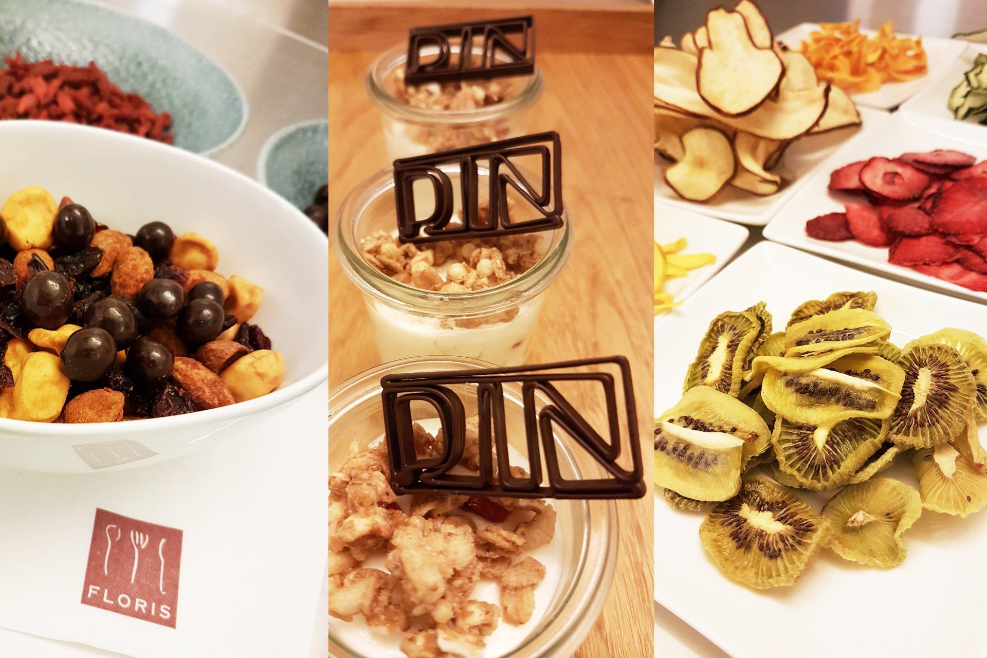 Bildcollage: links Schale mit Knabbergebäck, mittig Dessert im Weckglas, rechts getrocknete Obstchips