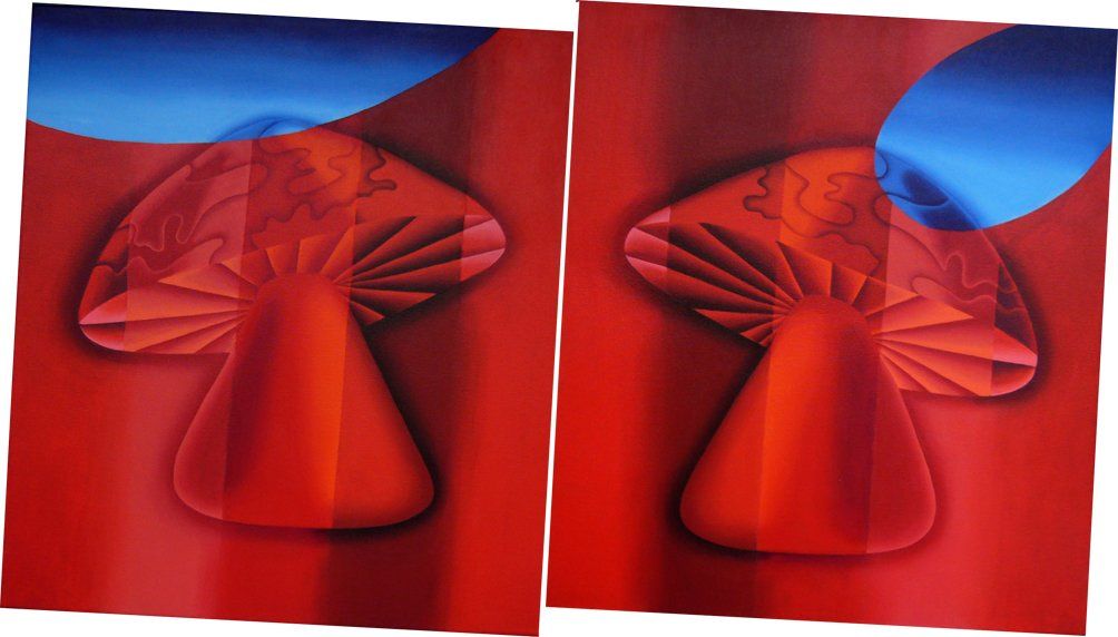 Abstrahiertes Bild, blauer Hintergrund mit rot-orangenem Kreis beides mit Kachelmuster und 3 grünen großen Kugeln. Zwei orange-rote Formen die zwei Mandarinfische darstellten sind nur durch Licht und Schatten ihrer Körper zu erkennen und verschmezen mit den rot-orangenen dreidimensionalen Formen des roten Hintergrunds, gemalt mit Acryl auf Leinwand. Gemälde der Künstlerin Benita von Wendt.