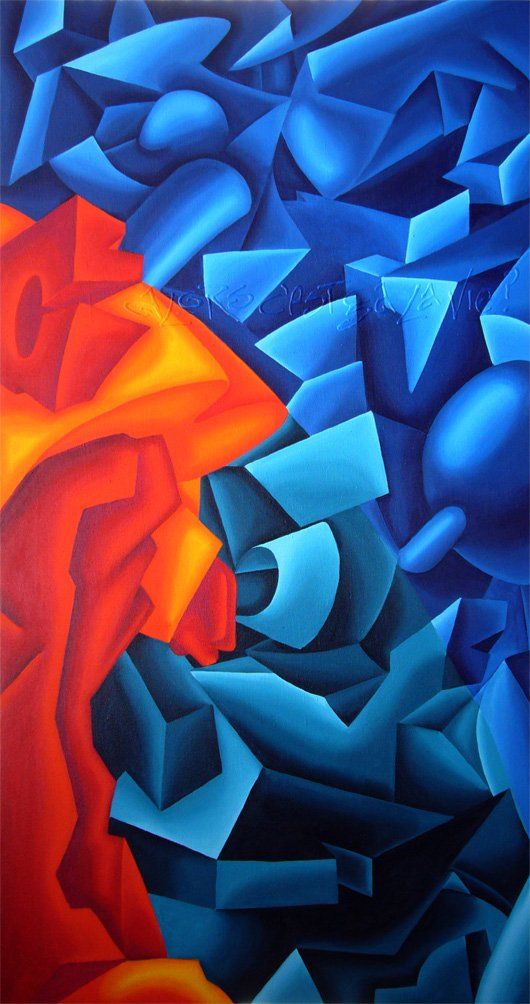 1 abstrahierter roter Mensch vor einer abstrahiertem blauen Hintergrund. Abstrahiertes farbenfrohes Bild der Künstlerin Benita von Wendt. Gemalt mit Acrylfarbe auf Leinwand.