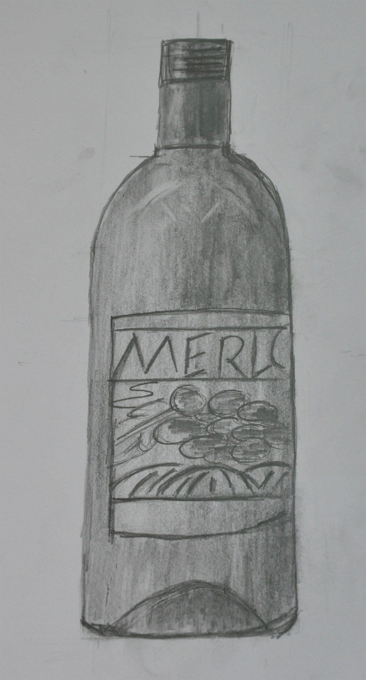 Das Foto zeigt eine Flasche, die in den Seminaren von Benita von Wendt mit Bleistift auf Papier gezeichnet wurde.