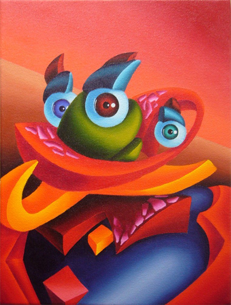 Kleinformatiges Bild mit farbenfrohen dreidimensional wirkenden Formen die an Froschmänner erinnern und nur einen Augapfel anstatt zwei Augen haben, mit Acrylfarbe auf Leinwand. Gemälde der Künstlerin Benita von Wendt.