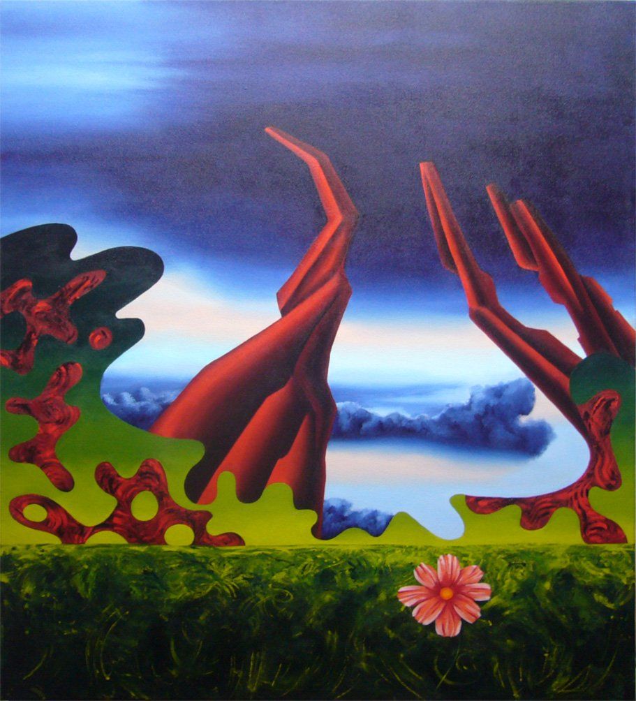 Abstrahierte Landschaft, Baumwurzeln die in den Himmel ragen und einer Blume im Vordergrund. Farbenfrohes Bild der Künstlerin Benita von Wendt. Gemalt mit Acrylfarben auf Leinwand.