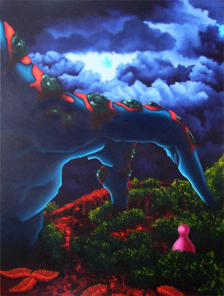 Eine abstrahierte Baumwurzel vor einem düsteren Himmel mit Gewitterwolken, auf der linken Seite ist ein Spielstein-Männchen zu sehen.
