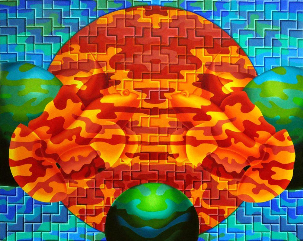 Abstrahiertes Bild, blauer Hintergrund mit rot-orangenem Kreis beides mit Kachelmuster und 3 grünen großen Kugeln. Zwei orange-rote Formen die zwei Mandarinfische darstellten sind nur durch Licht und Schatten ihrer Körper zu erkennen und verschmelzen mit den rot-orangenen dreidimensionalen Formen des roten Hintergrunds, gemalt mit Acryl auf Leinwand. Gemälde der Künstlerin Benita von Wendt.