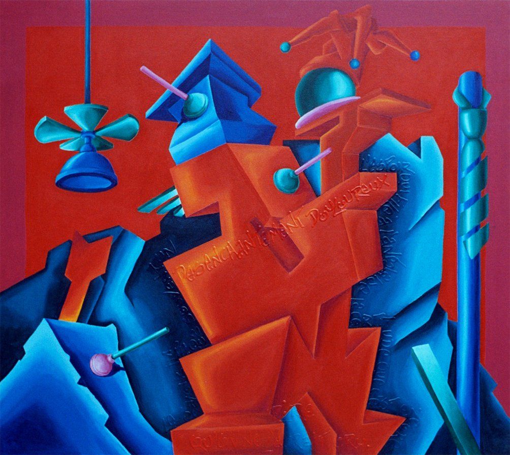 1 abstrahierter roter Mensch vor einer abstrahierten blauen Landschaft. Abstrahiertes farbenfrohes Bild der Künstlerin Benita von Wendt. Gemalt mit Acryfarbe auf Leinwand.
