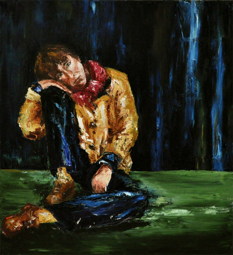 Eine Arbeit der Künstlerin Benita von Wendt. Gemalt mit Öl und Spachtel auf Leinwand. Titel: Mensonges. Portrait einer Frau die auf dem Boden sitzt und traurig und fragend den Betrachter anschaut.