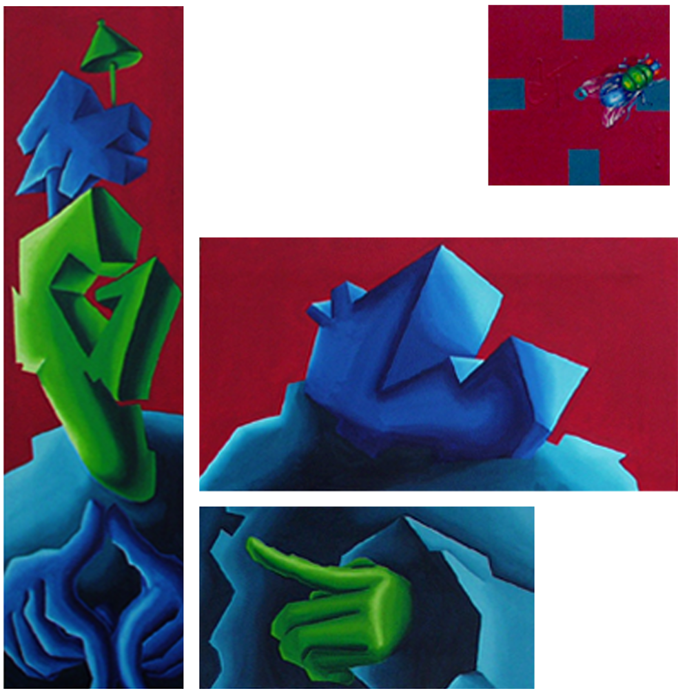 2 abstrahierte Menschen die nach rechts oben auf eine große Fliege schauen. Abstrahiertes farbenfrohes Bild der Künstlerin Benita von Wendt. Gemalt mit Acrylfarbe auf Leinwand.