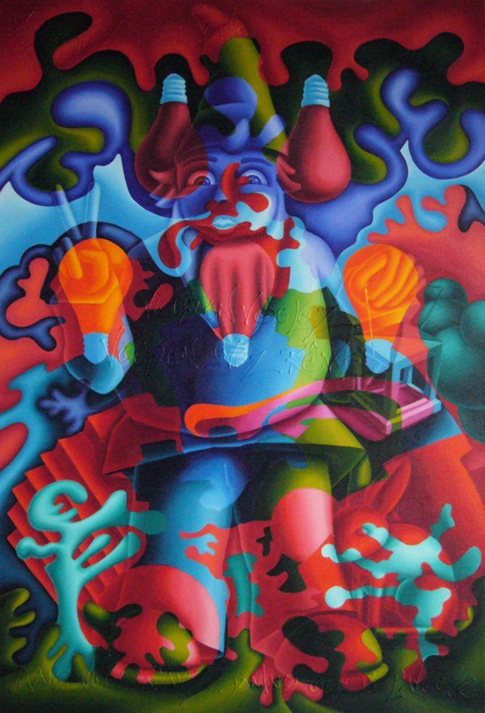Abstrahiertes Bild, mit bunten geometrischen Formen im Hintergrund. Eine Form die einen Gartenzwerg darstellt ist nur durch Licht und Schatten ihres Körpers zu erkennen und verschmilzt mit dem bunten Hintergrund, gemalt mit Acryl auf Leinwand. Gemälde der Künstlerin Benita von Wendt.