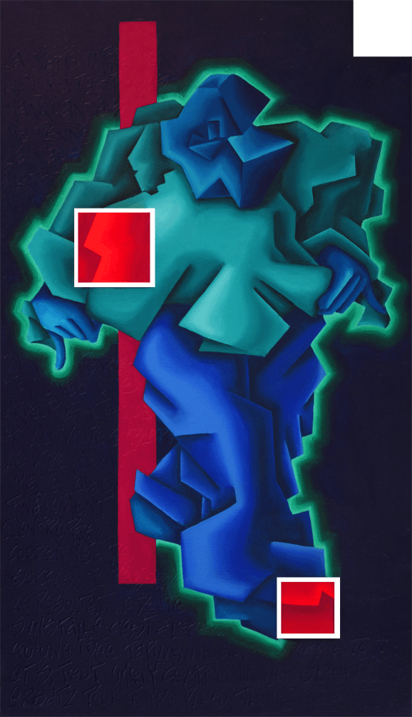 1 abstrahierter Mensch vor dunklem Hintergrund. Abstrahiertes farbenfrohes Bild der Künstlerin Benita von Wendt. Gemalt mit Acrylfarbe auf Leinwand.