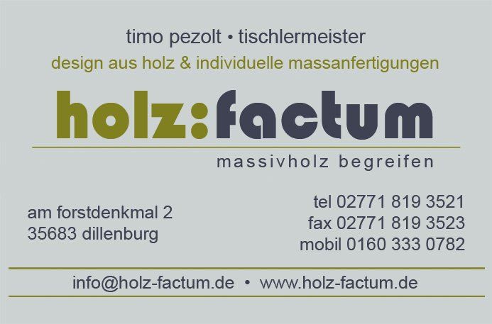 Das Bild zeigt die Rückseite der Visitenkarte von Holz Factum.