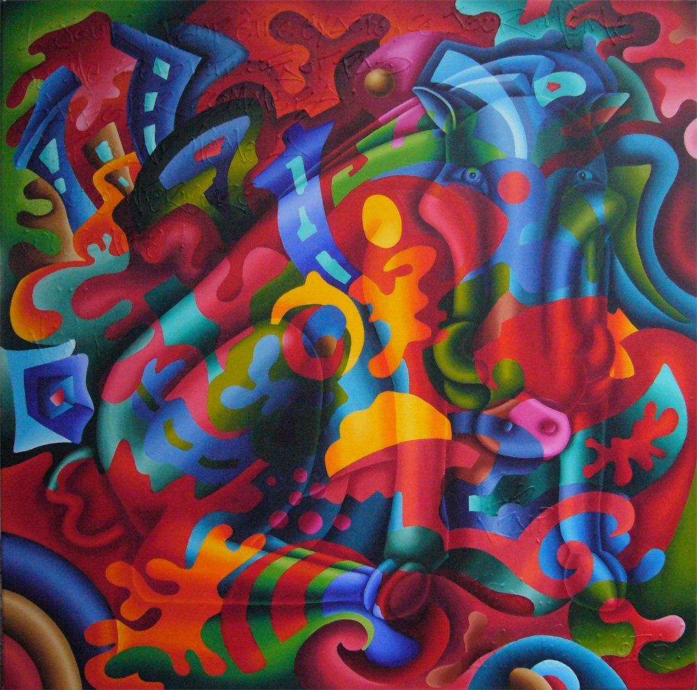 Abstrahiertes Bild, mit bunten geometrischen Formen im Hintergrund. Eine Form die ein Warzenschwein darstellt ist nur durch Licht und Schatten ihres Körpers zu erkennen und verschmilzt mit dem bunten Hintergrund, gemalt mit Acryl auf Leinwand. Gemälde der Künstlerin Benita von Wendt.