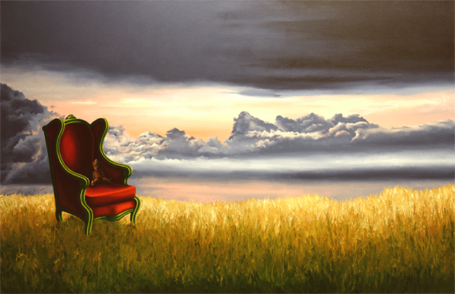 Gegenständliches Bild der Künstlerin Benita von Wendt. Titel: Teddybär. Sommerlandschaft mit Weizenfeld, in dem links ein großer roter Ohrensessel steht, auf diesem Sessel erkennt man schemenhaft im Schatten einen Teddybären sitzen. Im Hintergrund ein Sonnenuntergang im Wolken. Gemalt mit Acryl- und Ölfarben auf Leinwand.