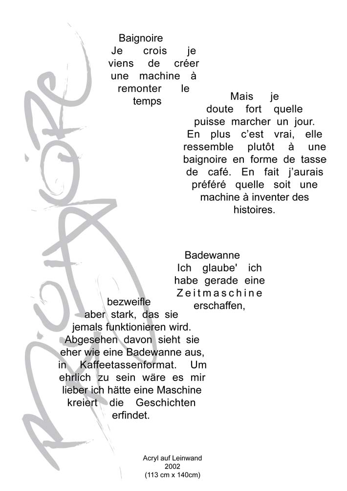 Text mit speziellem Layout und Kalligrafie zu Baignoire / Badewanne, einer Arbeit der Künstlerin Benita von Wendt.