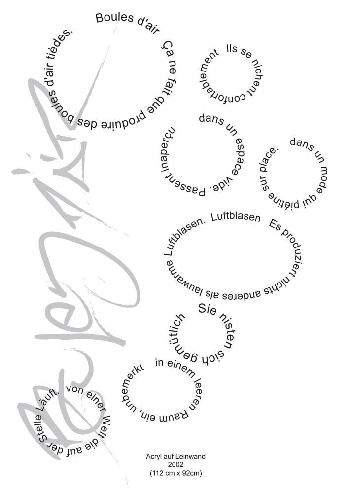 Text mit speziellem Layout und Kalligrafie zu Boules d'air / Luftblasen, einer Arbeit der Künstlerin Benita von Wendt.