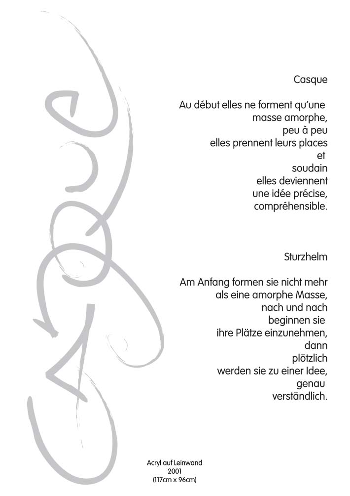 Text mit speziellem Layout und Kalligrafie zu Casque / Sturzhelm, einer Arbeit der Künstlerin Benita von Wendt.
