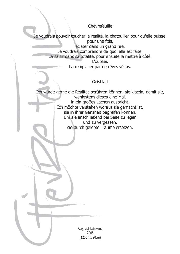 Text mit speziellem Layout und Kalligrafie zu Chèvrefeuille / Geisblatt, einer Arbeit der Künstlerin Benita von Wendt.