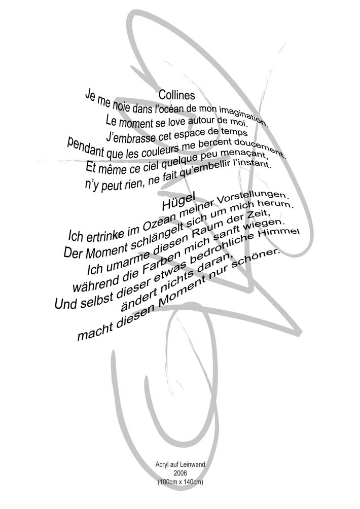 Text mit speziellem Layout und Kalligrafie zu Collines / Hügel, einer Arbeit der Künstlerin Benita von Wendt.