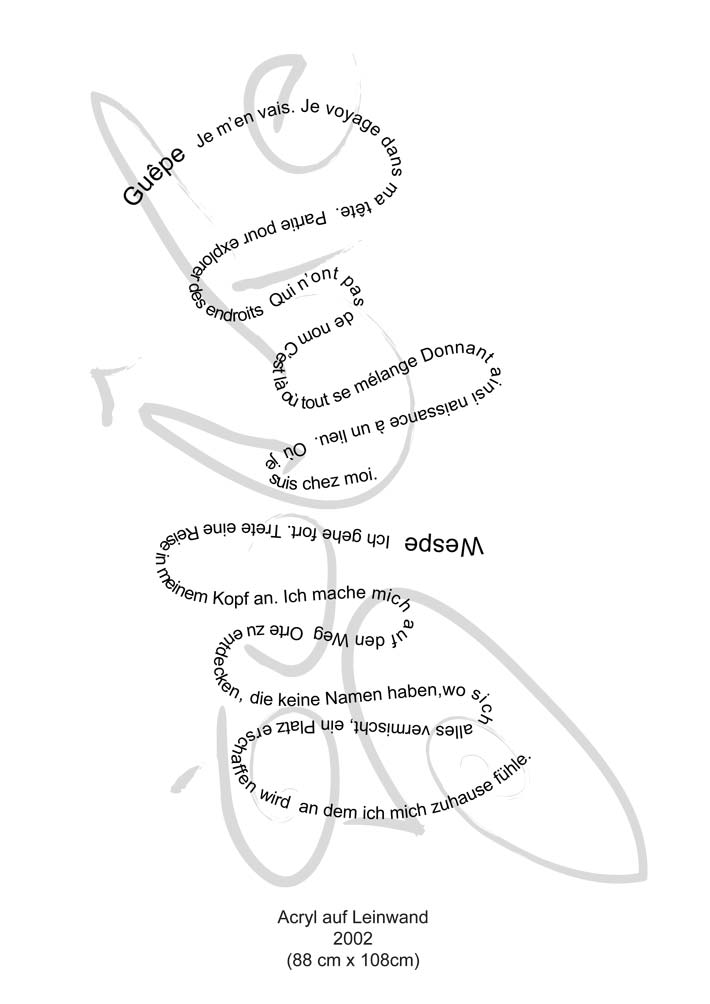 Text mit speziellem Layout und Kalligrafie zu Guêpe / Wespe, einer Arbeit der Künstlerin Benita von Wendt.