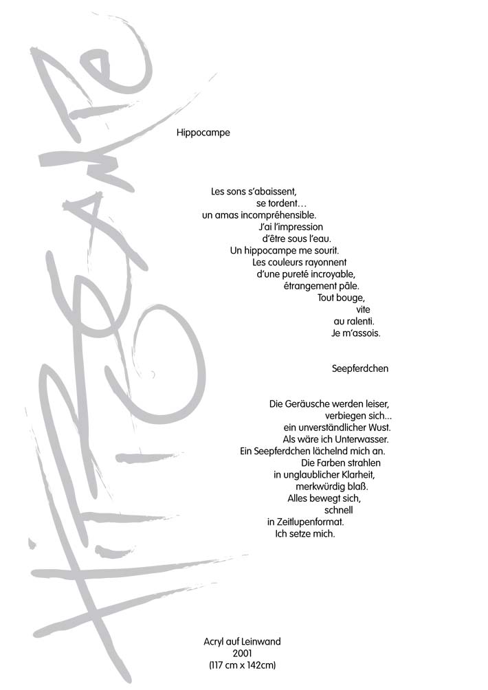 Text mit speziellem Layout und Kalligrafie zu Hippocampe, einer Arbeit der Künstlerin Benita von Wendt.
