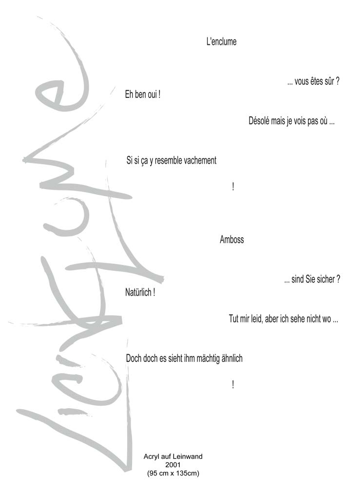 Text mit speziellem Layout und Kalligrafie zu L'enclume / Amboss, einer Arbeit der Künstlerin Benita von Wendt.