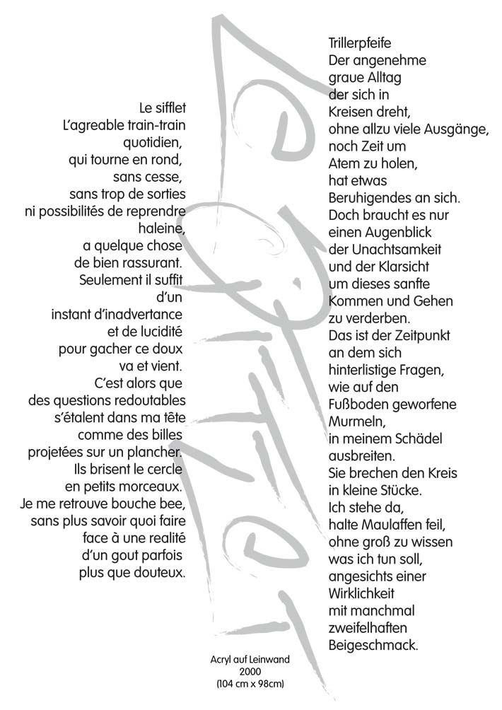 Text mit speziellem Layout und Kalligrafie zu Le sifflet / Trillerpfeife, einer Arbeit der Künstlerin Benita von Wendt.