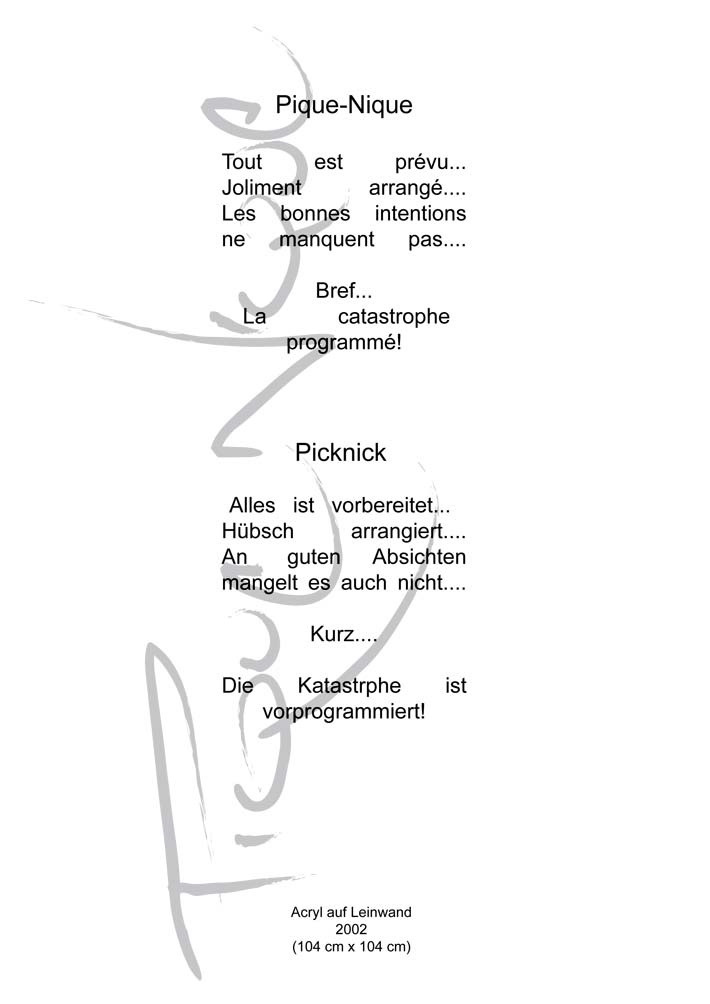 Text mit speziellem Layout und Kalligrafie zu Pique nique / Picknick, einer Arbeit der Künstlerin Benita von Wendt.