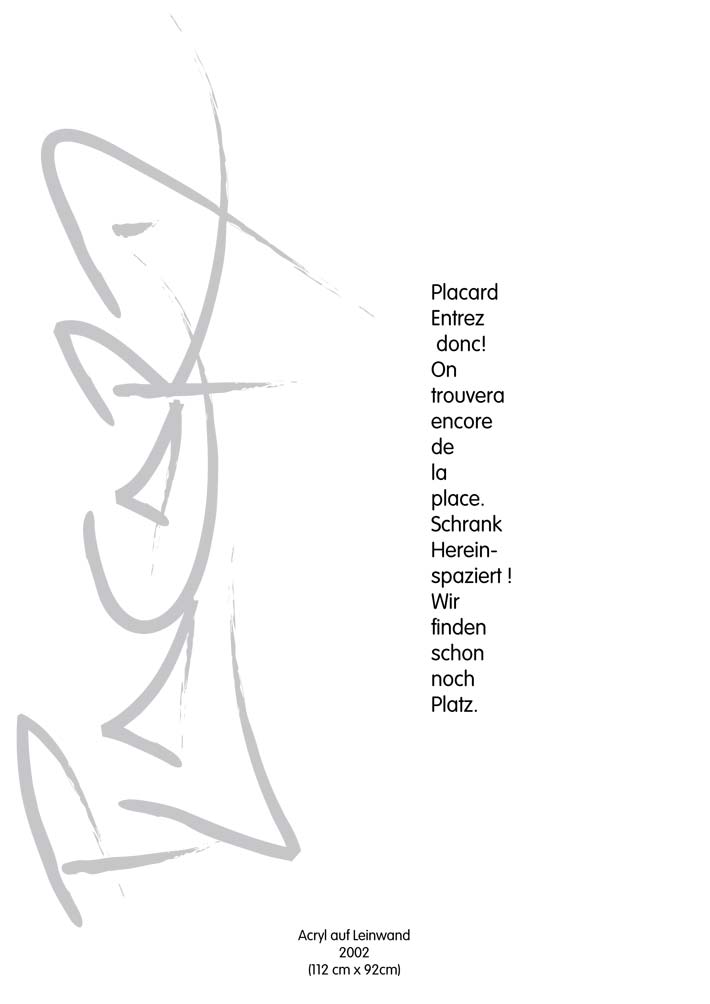 Text mit speziellem Layout und Kalligrafie zu Placard / Schrank, einer Arbeit der Künstlerin Benita von Wendt.