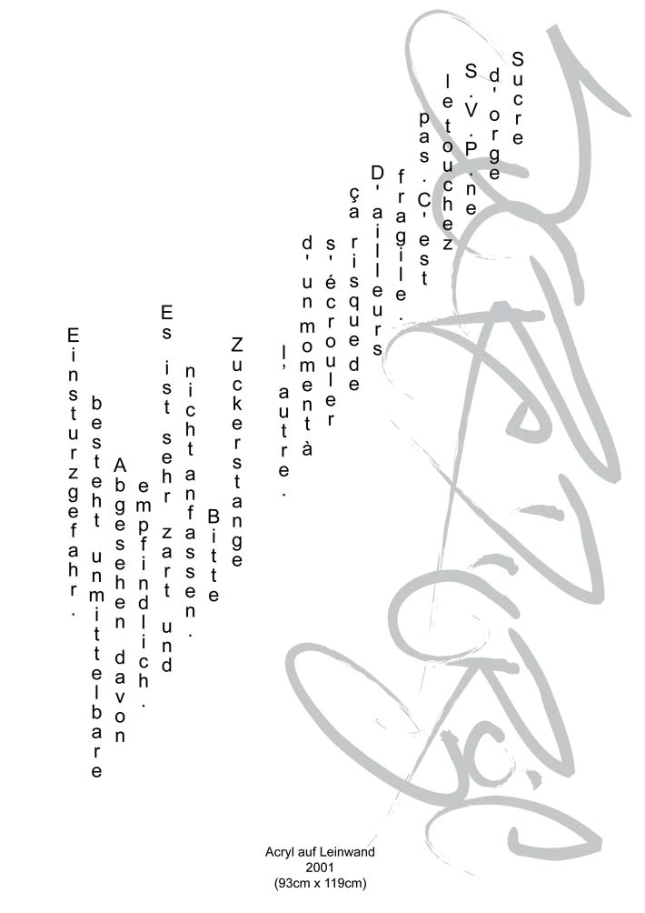 Text mit speziellem Layout und Kalligrafie zu Sucre d'orge / Zuckerstange, einer Arbeit der Künstlerin Benita von Wendt.