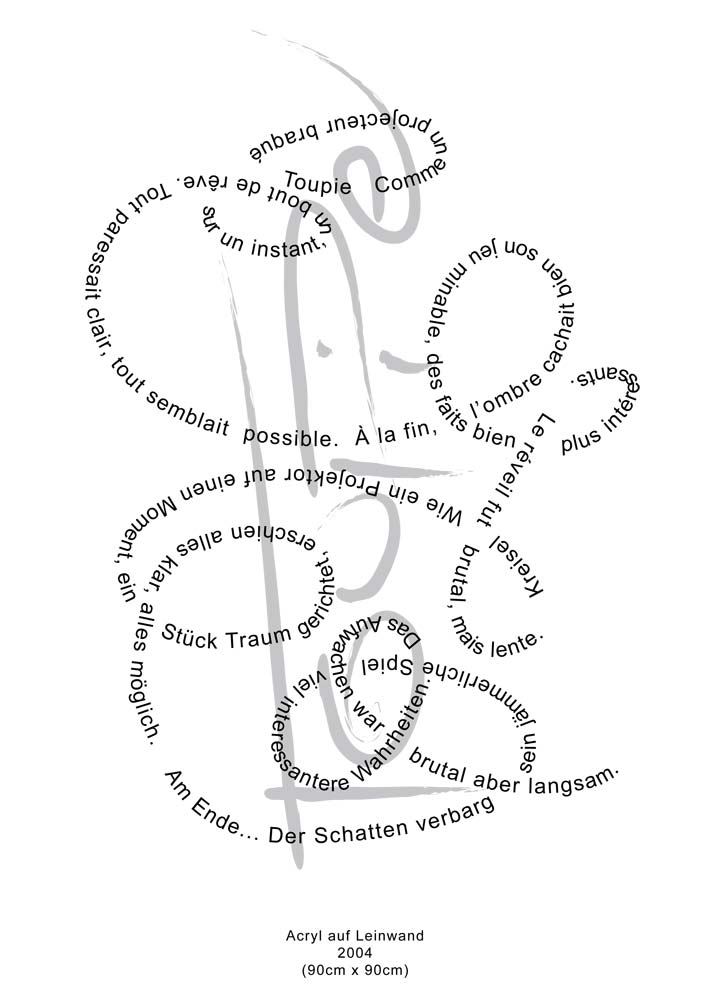 Text mit speziellem Layout und Kalligrafie zu Toupie / Kreisel, einer Arbeit der Künstlerin Benita von Wendt.