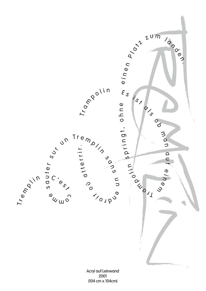 Text mit speziellem Layout und Kalligrafie zu Tremplin / Trampolin, einer Arbeit der Künstlerin Benita von Wendt.