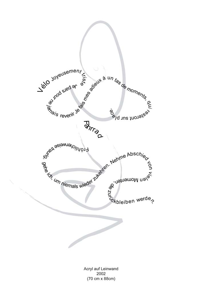 Text mit speziellem Layout und Kalligrafie zu Velo / Fahrrad, einer Arbeit der Künstlerin Benita von Wendt.