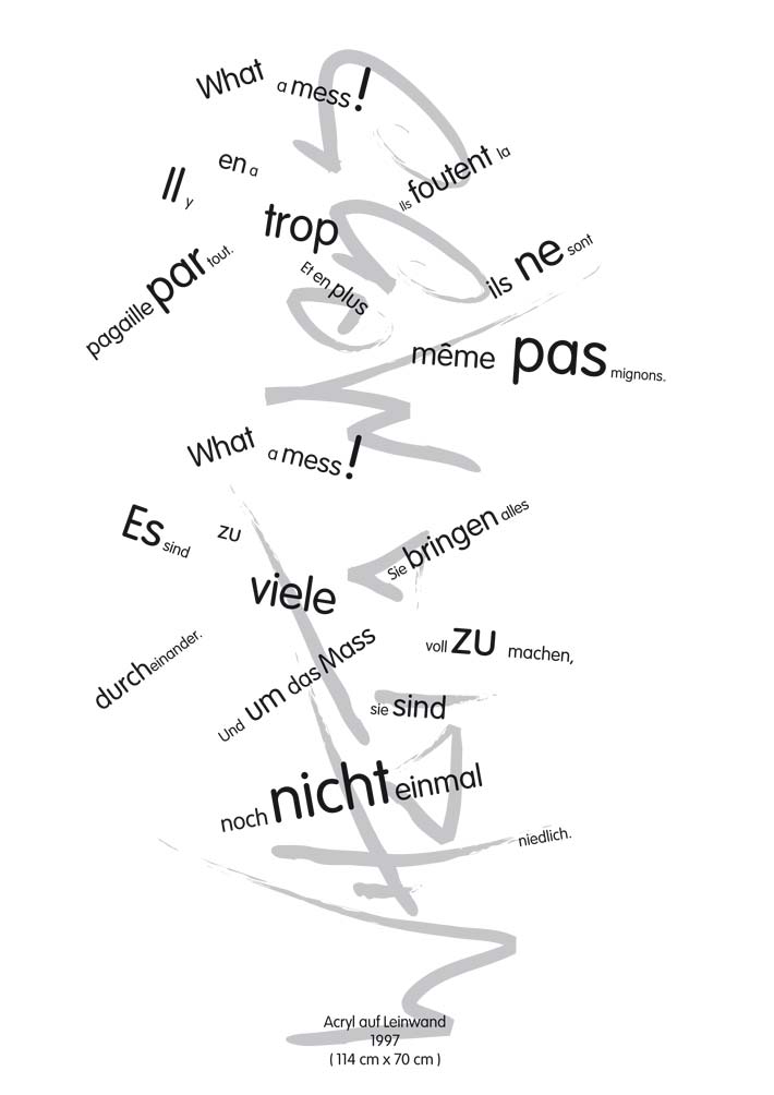 Text mit speziellem Layout und Kalligrafie zu What a mess / Was für ein Durcheinander, einer Arbeit der Künstlerin Benita von Wendt.
