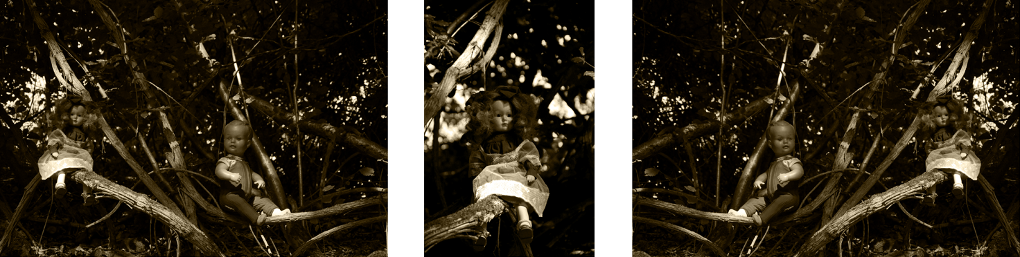 Fotografie der Künstlerin Benita von Wendt. Titel: Verschlungen. Die Fotografie zeigt 2 identische männliche und 3 identische weibliche altmodische Puppen die auf dicken Ästen im Wald sitzen, ein Spiel aus Licht und Schatten setzt die Puppen in Szene, die Umgebung löst sich in der Dunkelheit auf. Die Fotoarbeit besteht aus 3 in sepiatönen gehaltenen Fotografien die miteinander in Beziehung stehen.